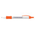 A plastic pen featuring an orange grip and clip, with the text "Worldwide Coverage" printed on the barrel.