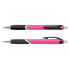 A set of pink plastic pens with black grips and silver accents, featuring a logo on the barrel.