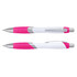 A pen with a white barrel and bright pink rubber grip, featuring silver accents and a clip.