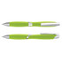 A plastic pen in vibrant green and silver, featuring a sleek design and a silver clip, with a logo present.