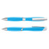 A set of two blue plastic pens with silver accents and a sleek design, featuring a logo on the barrel.