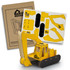 A yellow wooden model of an excavator with a cardboard template and packaging, featuring branding.