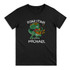 A black adult t-shirt featuring a dinosaur playing guitar with sunglasses and a graphic design.