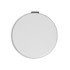 A round white compact with a hinge, featuring a smooth surface and a reflective finish.