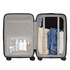 A carry-on suitcase in black with compartments for clothing and toiletries, featuring a clear zippered section.