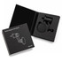 A black magnetic car phone holder in a sleek box with a logo, featuring a vent mount design.