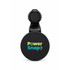 A black car phone holder with a round design and a branding logo in blue and green text.