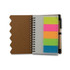 A brown notebook with spiral binding, featuring bright sticky note sections in neon pink, yellow, and green.