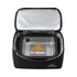 A black insulated lunch bag with a silver interior, featuring a transparent container inside and a logo.