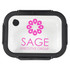 A glass lunch box with a black lid, featuring a pink logo and a clear container.