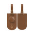 A brown leather luggage tag with a circular attachment and a strap, featuring a logo.