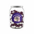 A clear jar filled with purple and white jelly beans. The jar features a colourful label with a logo.