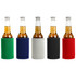 Five drink bottles housed in colourful stubby holders: green, blue, white, black, and red. Each holder has a logo.