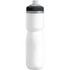 A drink bottle in white with a black lid, featuring a sports drink spout and a sleek design.