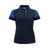 A women's polo shirt in navy with blue accents, featuring a collared neckline and a logo.