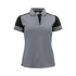 A women's polo shirt in grey with black sleeves and collar, featuring a subtle design and a logo.