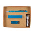 A cardboard gift box containing a blue pen, a blue power bank, a blue USB flash drive, and a white charging cable.