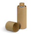 A drink bottle in a cylindrical cardboard container, featuring a bamboo lid and a clear glass body.