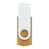 A bamboo flash drive with a white top section, featuring a circular hole for attachment.