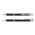 A pair of black metal pens with chrome accents, featuring clips and a sleek design. Each pen has a logo.