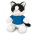A black and white cat plush toy wearing a blue shirt, with bright green eyes and a soft, cuddly texture.