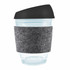 A reusable coffee cup featuring a clear design, a black silicone lid, and a gray RPET band for grip.