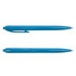 A blue plastic pen featuring a sleek design and a clip. The image displays two angles of the pen.