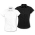 A short-sleeve button-up shirt set in white and black, featuring a collar and a logo on one shirt.