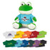 A green frog plush toy wearing a blue shirt, with various colourful clothing options displayed below.