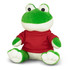 A green frog plush toy with a white belly and red shirt, featuring large eyes and a smiling expression.