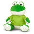 A green frog plush toy wearing a bright green shirt, sitting with its legs stretched out. It has a friendly expression and a logo.
