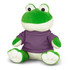 A green frog plush toy wearing a purple shirt, seated with wide eyes and a friendly expression.
