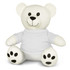 A white plush bear toy with a smiling face and a blank shirt, featuring black paw prints on its feet.