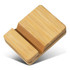 A bamboo phone stand in a natural finish with a sleek design and a slotted section for device placement.