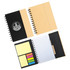 A spiral-bound notebook with a black cover, containing lined pages, sticky notes, and a logo.