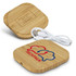 A square bamboo wireless charger featuring a logo, accompanied by a USB cable.