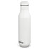 A drink bottle with a sleek white design, featuring a logo at the base. It holds 750ml.