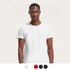 A model wearing a plain white organic T-shirt, featuring a round neckline and short sleeves. Includes colour options below.