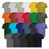 A collection of TRENDSWEAR men's T-shirts in various colours, including grey, white, yellow, orange, pink, and green, arranged in rows.