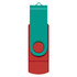 A dual flash drive featuring a teal cap and a red body, with a circular button and a loop for attachment.