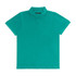 A turquoise women's polo shirt with a classic collar and button placket, featuring short sleeves.