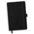 A black RPET felt hard cover notebook with an elastic band and a ribbon bookmark. Features a logo on the cover.