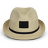 A beige fedora hat with a black band and a blank patch on the front.