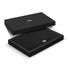 A black gift box with a matching black notebook set, featuring a simple, elegant design and a logo.