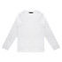 A long-sleeve white crew shirt with a simple design and a logo on the label.