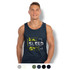A navy men's tank top featuring the phrase "EAT SLEEP GYM" and a logo, displayed on a model.