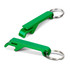 A drink bottle opener key ring in bright green metal, featuring a simple design and a keyring attachment.