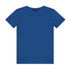 A blue youth T-shirt with a round neckline and short sleeves, featuring a logo.