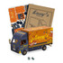 A wooden model of a small truck in blue and orange, with accompanying assembly materials and stickers.