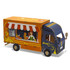 A novelty wooden model of a small truck, featuring vibrant orange and blue colours with a food stall design.